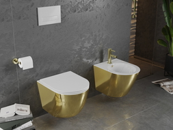Mexen Lena WC suknelė be krašto su lėtai nuleidžiamu slim dangčiu, duroplast, balta/auksinė - 30224006