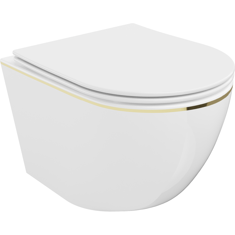 Mexen Lena WC dubuo Rimless su lėtai nusileidžiančiu slim dangčiu, duroplast, balta/aukso linija - 30224005