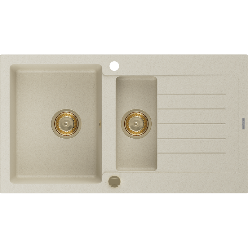 Mexen Matias granitinė plautuvė 1,5 skylių su nusausinimo vieta 900 x 505 mm, smėlinė, sifonas auksinis - 6502901505-69-G