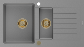 Mexen Matias granitinė kriauklė 1,5 skyrių su nusausintuvu 900 x 505 mm, pilka, auksinis sifonas - 6502901505-71-G
