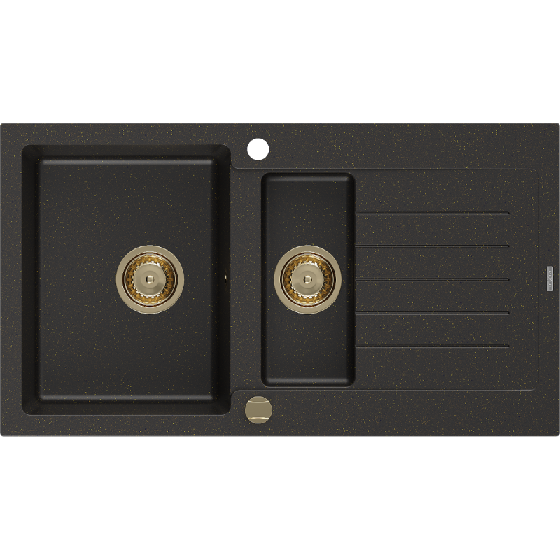 Mexen Matias granitinė 1,5 kamerų kriauklė su nutekamuoju lataku 900 x 505 mm, juoda/auksinė metalinė, auksinis sifonas