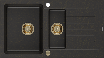 Mexen Matias granitinė 1,5 kamerų kriauklė su nutekamuoju lataku 900 x 505 mm, juoda/auksinė metalinė, auksinis sifonas
