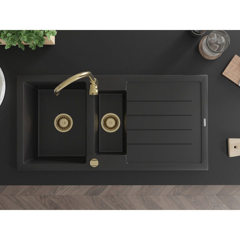 Mexen Andres granitinė 1,5 kamerų kriauklė su nusausinimo skydu 1000 x 500 mm juodas, sifonas auksinis - 6515101510-77-G