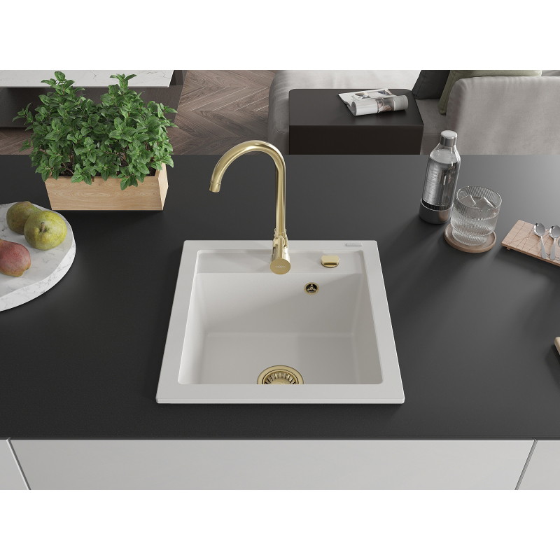 Mexen Vito granitinė vienaaukštė kriauklė 520 x 490 mm, balta, auksinis sifonas - 6503521000-20-G