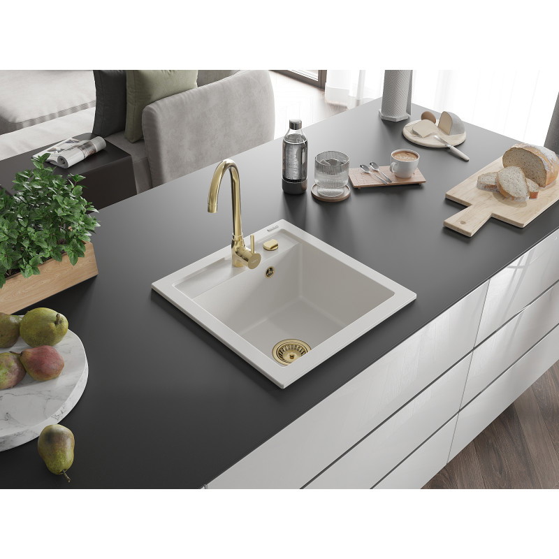 Mexen Vito granitinė vienos kameros kriauklė 520 x 490 mm, balta, auksinis sifonas - 6503521000-20-G