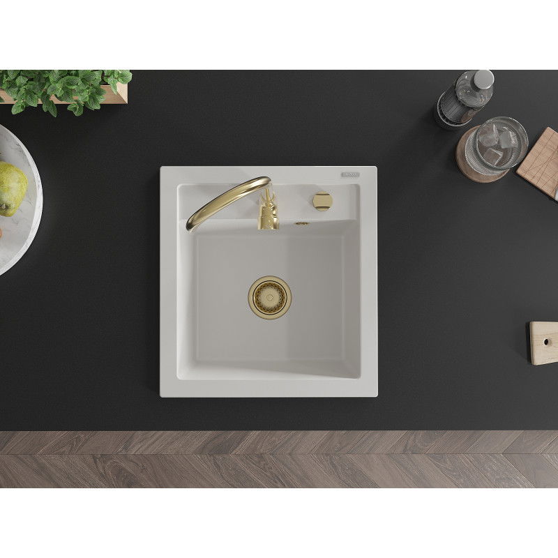 Mexen Vito granito kriauklė 1-skyrius 520 x 490 mm, balta, sifonas auksinis - 6503521000-20-G