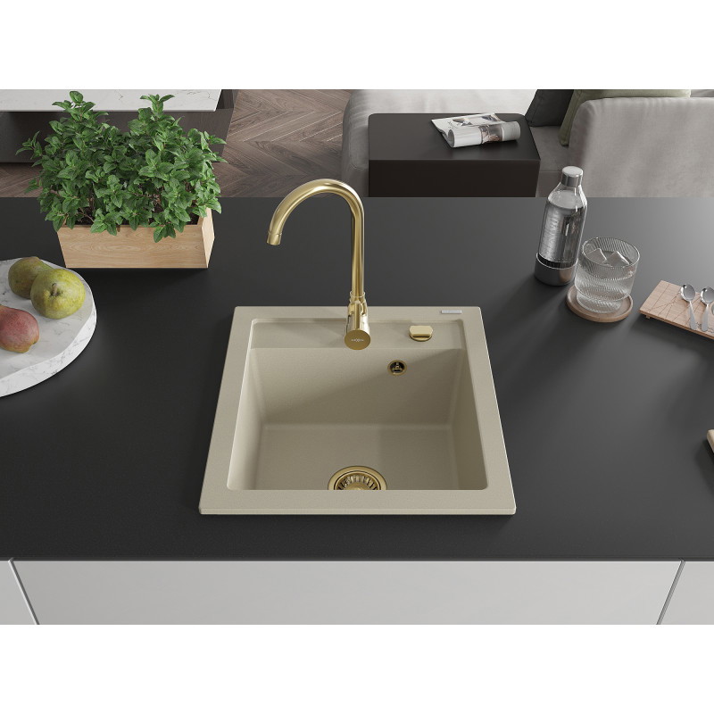 Mexen Vito granitinė vienos sekcijos kriauklė 520 x 490 mm, smėlio spalvos, auksinis sifonas - 6503521000-69-G