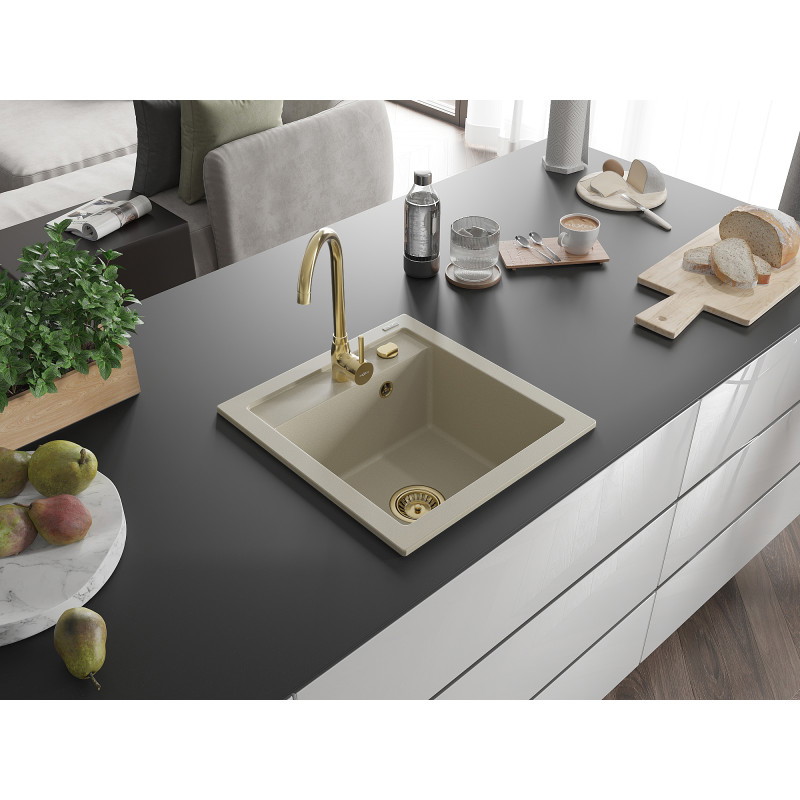 Mexen Vito granitinė vienos sekcijos kriauklė 520 x 490 mm, smėlio spalvos, auksinis sifonas - 6503521000-69-G