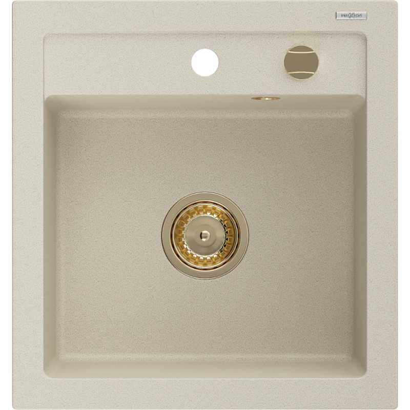 Mexen Vito granitinė vienos kameros virtuvės kriauklė 520 x 490 mm, smėlio spalvos, auksinis sifonas - 6503521000-69-G