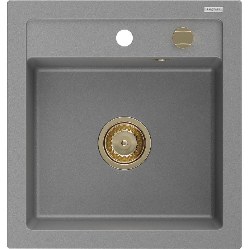 Mexen Vito granitinė vienos kameros kriauklė 520 x 490 mm, pilka, auksinis sifonas - 6503521000-71-G