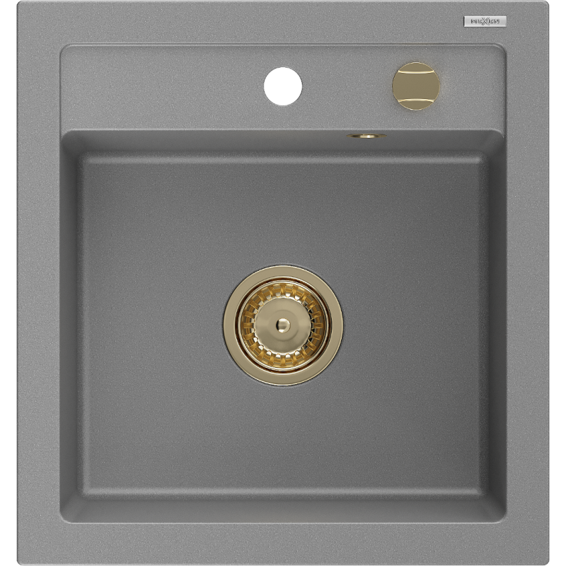 Mexen Vito granitinė vienos kameros plautuvė 520 x 490 mm, pilka, auksinė sifono apdaila - 6503521000-71-G