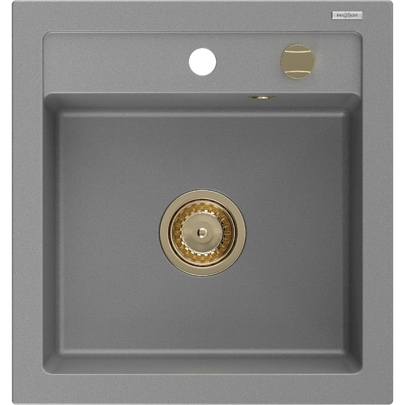 Mexen Vito granitinė virtuvinė plautuvė 1-dubens 520 x 490 mm, pilka, sifonas auksinis - 6503521000-71-G
