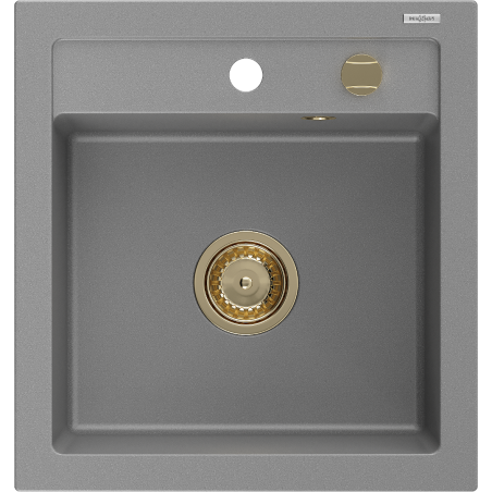 Mexen Vito granitinė vienos kameros plautuvė 520 x 490 mm, pilka, auksinė sifono apdaila - 6503521000-71-G