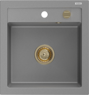 Mexen Vito granitinė vienos kameros plautuvė 520 x 490 mm, pilka, auksinė sifono apdaila - 6503521000-71-G