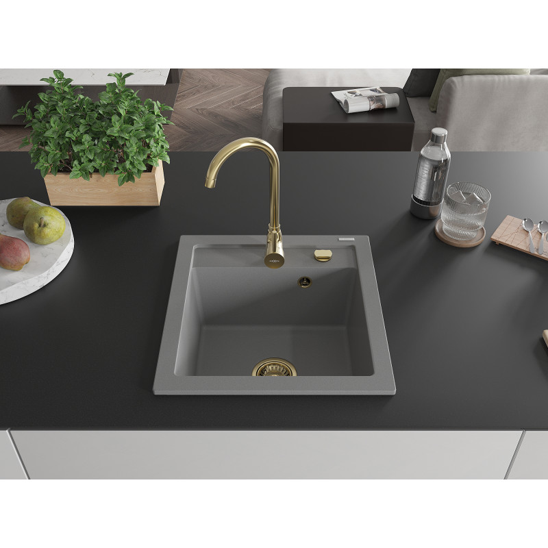Mexen Vito granitinė vienos kameros kriauklė 520 x 490 mm, pilka, auksinis sifonas - 6503521000-71-G