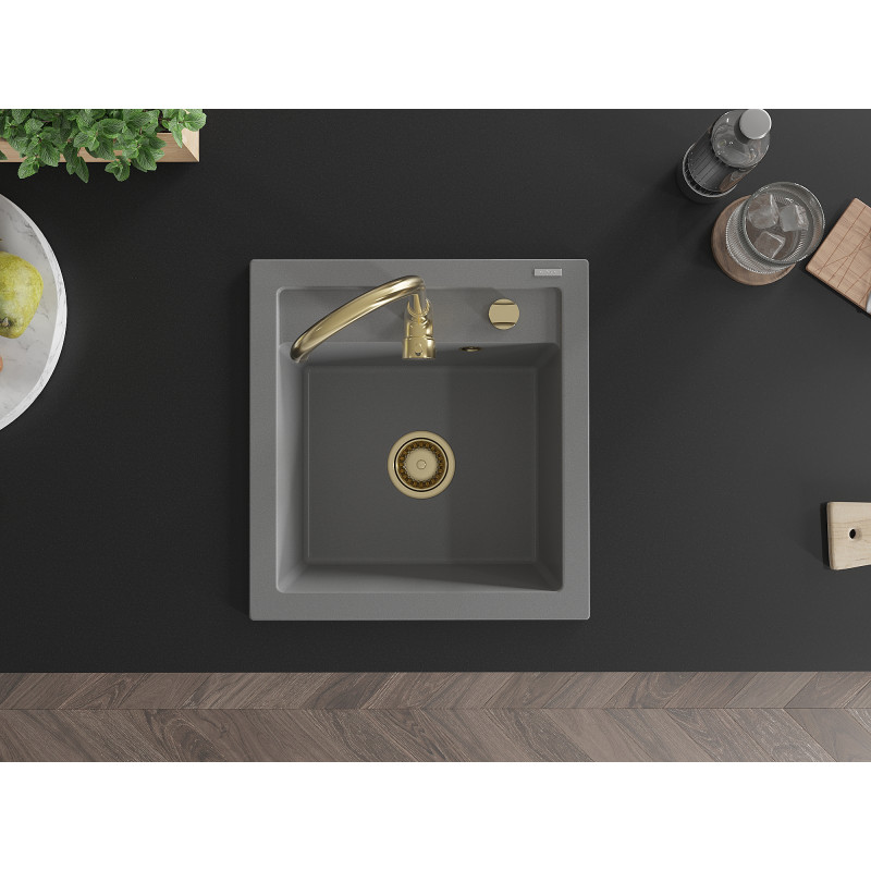 Mexen Vito granitinė vienos kameros kriauklė 520 x 490 mm, pilka, auksinis sifonas - 6503521000-71-G