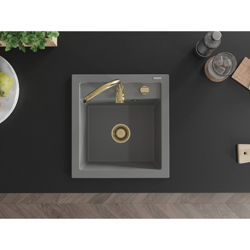 Mexen Vito granitinė vienos kameros plautuvė 520 x 490 mm, pilka, auksinė sifono apdaila - 6503521000-71-G