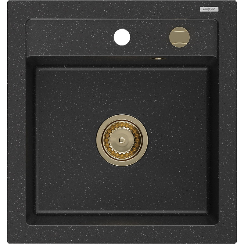 Mexen Vito granitinė vienos kameros plautuvė 520 x 490 mm, juodas/sidabrinis metalikas, auksinis sifonas - 6503521000-73-G