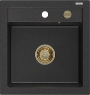 Mexen Vito granitinė virtuvės kriauklė, 1 skyrius, 520 x 490 mm, juoda/sidabrinė metalik, auksinis sifonas - 6503521000-73-G