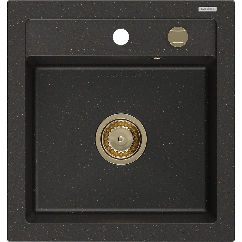 Mexen Vito granitinė plautuvė 1-skyriumi 520 x 490 mm, juoda/auksinis metalikas, sifonas auksinis - 6503521000-75-G