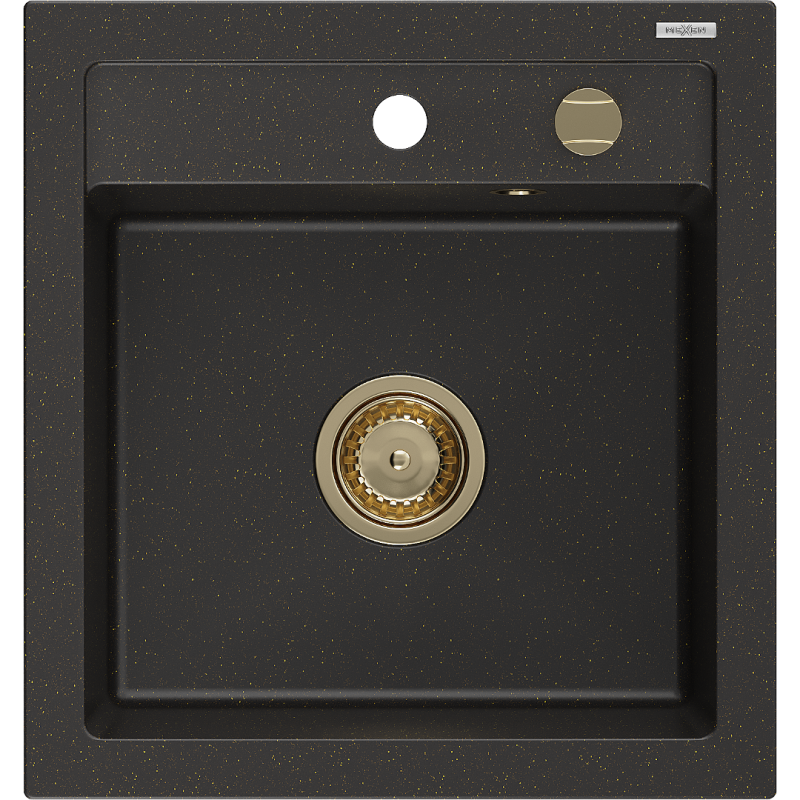 Mexen Vito granitinė vienos dalies plautuvė 520 x 490 mm, juoda/auksinė metalo spalva, sifonas auksinis - 6503521000-75-G