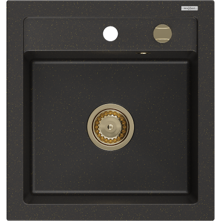 Mexen Vito granitinė vienos dalies plautuvė 520 x 490 mm, juoda/auksinė metalo spalva, sifonas auksinis - 6503521000-75-G