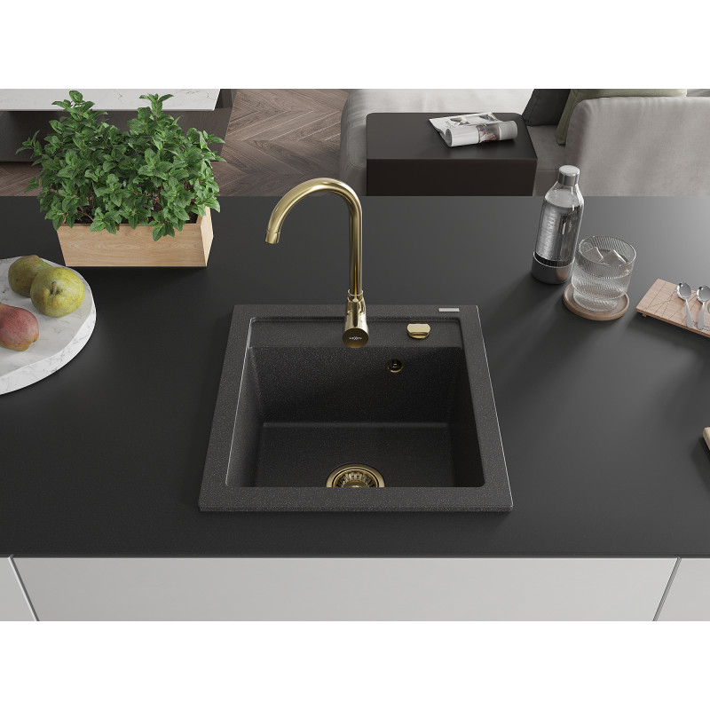 Mexen Vito granitinė vieno dubens plautuvė 520 x 490 mm, juoda taškuota, auksinė sifoninė - 6503521000-76-G