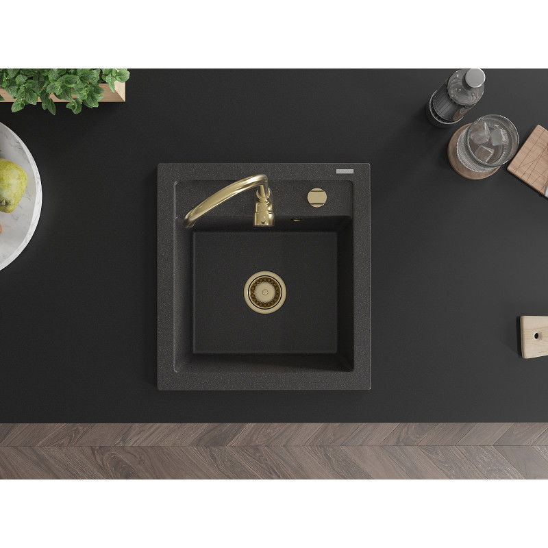 Mexen Vito vienos kameros granito kriauklė 520 x 490 mm, juoda dėmėta, auksinė sifono apdaila - 6503521000-76-G