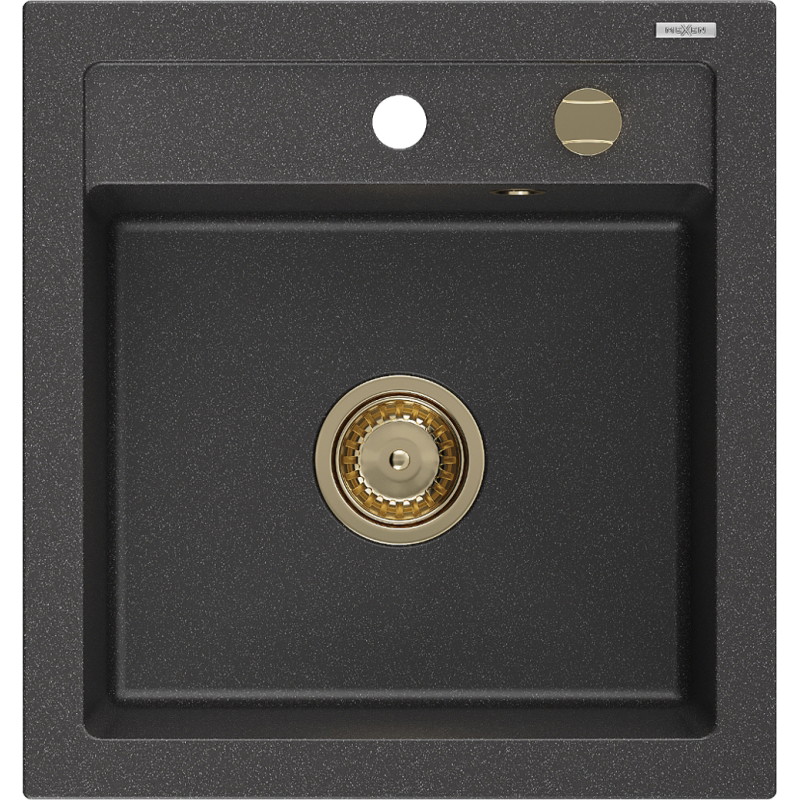 Mexen Vito granitinė virtuvės kriauklė vienos kameros 520 x 490 mm, juoda su dėmėmis, auksinis sifonas - 6503521000-76-G