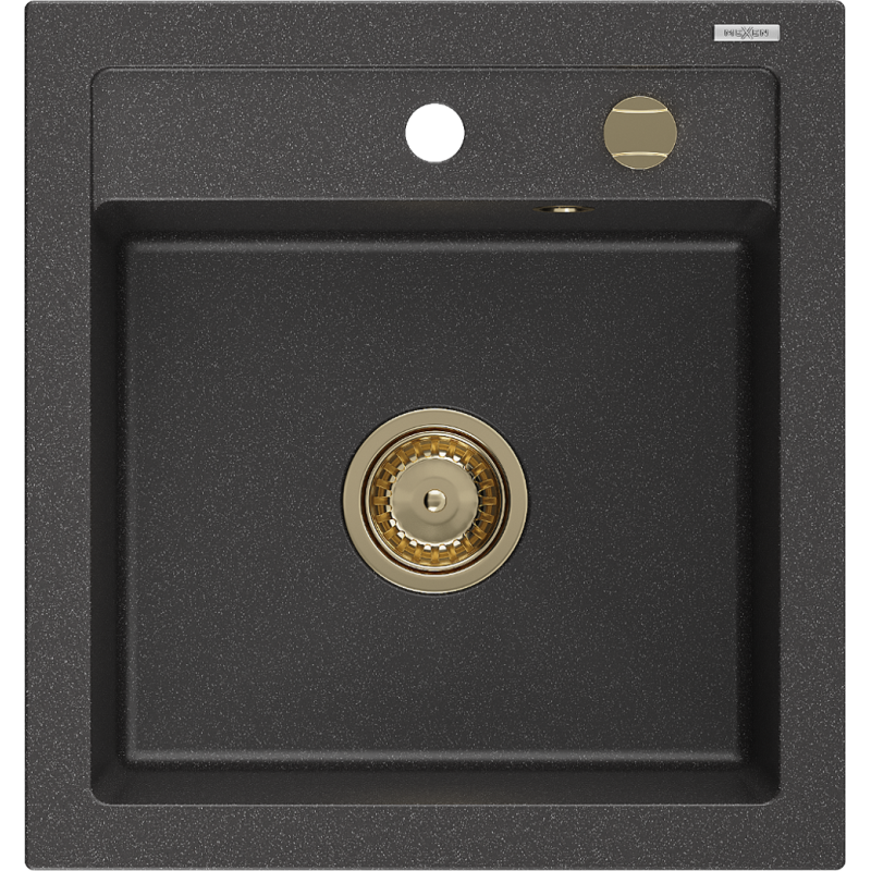 Mexen Vito vienos kameros granito kriauklė 520 x 490 mm, juoda dėmėta, auksinė sifono apdaila - 6503521000-76-G