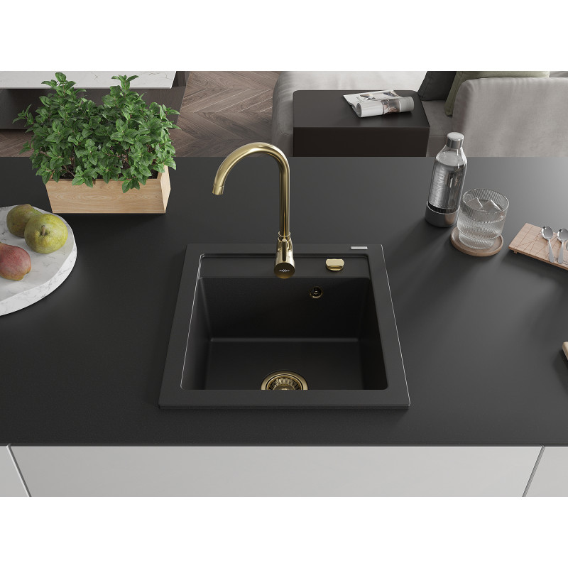 Mexen Vito granitinė vienos sekcijos virtuvinė kriauklė 520 x 490 mm, juoda, sifonas auksinis - 6503521000-77-G