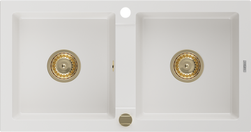 Mexen Mario granitinė plautuvė su 2 kameromis, 820 x 436 mm, balta, aukso spalvos sifonas - 6504822000-20-G