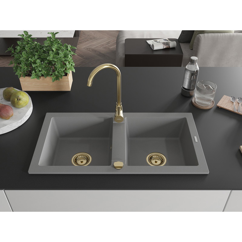 Mexen Mario dviejų skyrių granito virtuvinė plautuvė 820 x 436 mm, pilka, auksinis sifonas - 6504822000-71-G