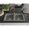 Mexen Mario dviejų skyrių granito virtuvinė plautuvė 820 x 436 mm, pilka, auksinis sifonas - 6504822000-71-G