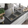 Mexen Mario dviejų skyrių granito virtuvinė plautuvė 820 x 436 mm, pilka, auksinis sifonas - 6504822000-71-G