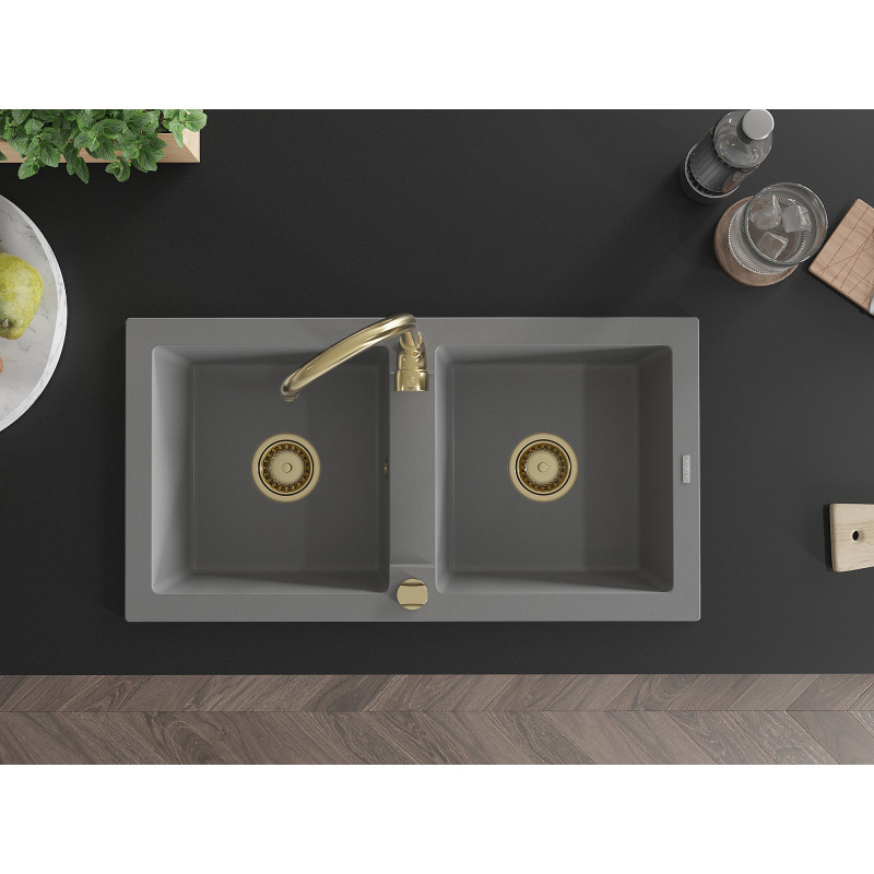 Mexen Mario dviejų skyrių granito virtuvinė plautuvė 820 x 436 mm, pilka, auksinis sifonas - 6504822000-71-G