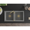 Mexen Mario dviejų skyrių granito virtuvinė plautuvė 820 x 436 mm, pilka, auksinis sifonas - 6504822000-71-G