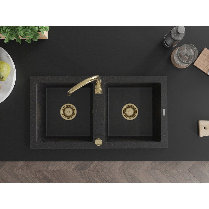 Mexen Mario granitinis plautuvės dviejų kamerų 820 x 436 mm, juodas/sidabrinis metalikas, sifonas auksinis - 6504822000-73-G