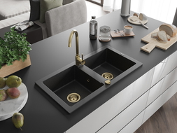 Mexen Mario dviguba granitinė plautuvė 820 x 436 mm, Juoda/Sidabrinis metallic, sifonas Auksinė - 6504822000-73-G