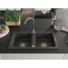 Mexen Mario granitinė dviejų skyrių plautuvė 820 x 436 mm, juoda su taškeliais, auksinis sifonas - 6504822000-76-G
