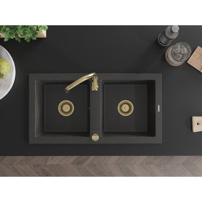 Mexen Mario granitinė dviejų skyrių plautuvė 820 x 436 mm, juoda taškuota, sifonas auksinis - 6504822000-76-G