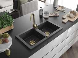 Mexen Mario dviguba granitinė plautuvė 820 x 436 mm, Juodai dėmėtas, sifonas Auksinė - 6504822000-76-G