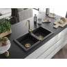 Mexen Mario dviejų skyrių granitinė plautuvė 820 x 436 mm, juoda, auksinė sifono apdaila - 6504822000-77-G
