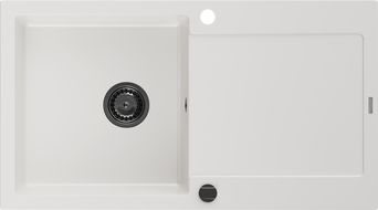 Mexen Leo granito kriauklė su vienu dubeniu ir drenažu 900 x 500 mm, balta, juodas sifonas - 6501901010-20-B