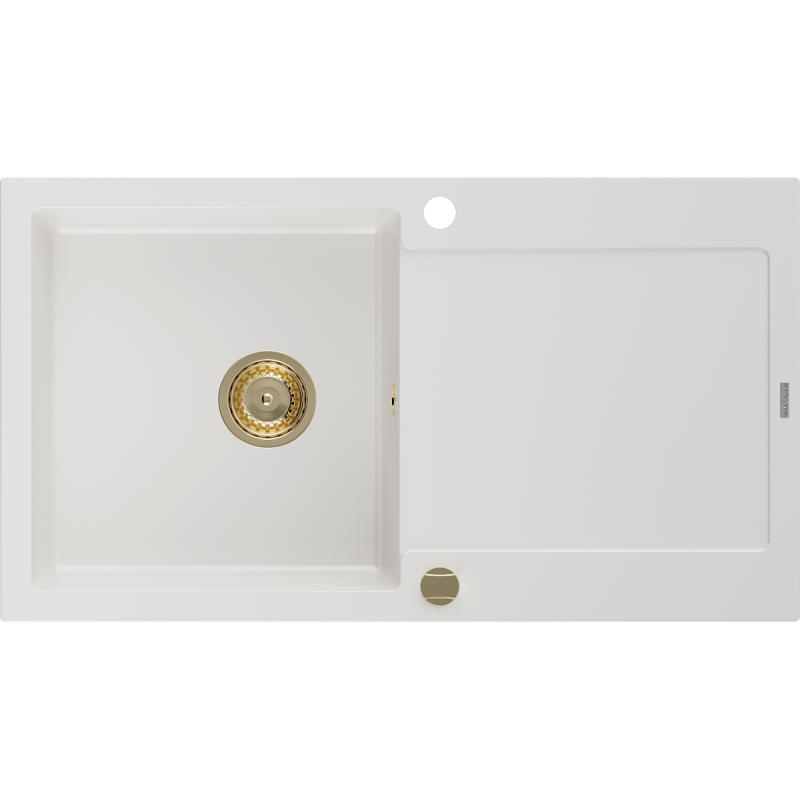 Mexen Leo granito kriauklė su viena kamera ir nutekėjimo vieta 900 x 500 mm, balta, auksinis sifonas - 6501901010-20-G