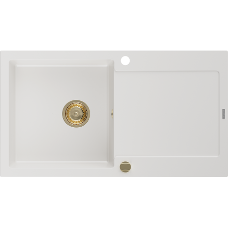 Mexen Leo granito kriauklė su viena kamera ir nutekėjimo vieta 900 x 500 mm, balta, auksinis sifonas - 6501901010-20-G