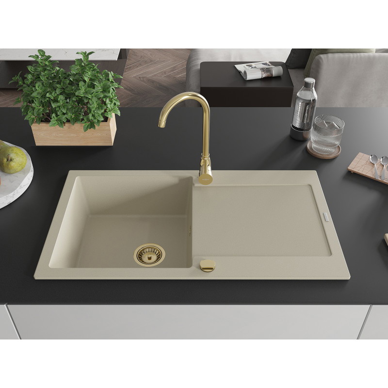 Mexen Leo granito kriauklė su 1 skyriumi ir nutekėjimu 900 x 500 mm, smėlio spalvos, aukso sifonas - 6501901010-69-G