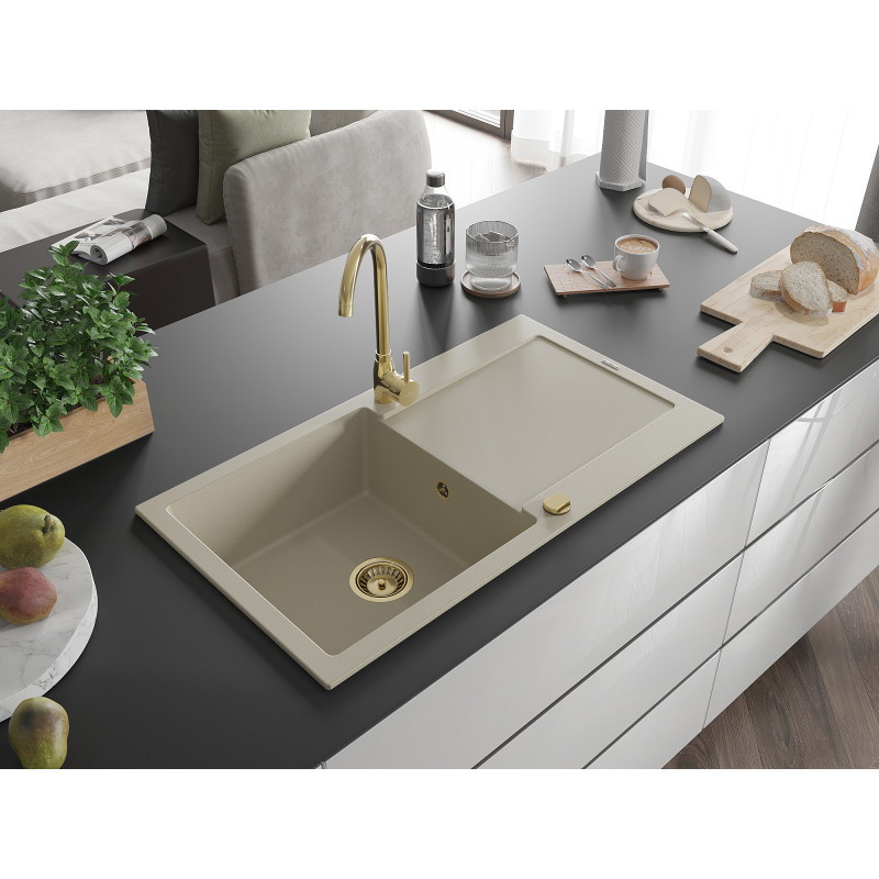 Mexen Leo granito kriauklė su 1 skyriumi ir nutekėjimu 900 x 500 mm, smėlio spalvos, aukso sifonas - 6501901010-69-G