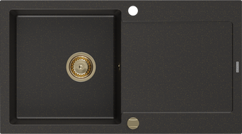 Mexen Leo grindinis akmens kriauklė su vienu dubeniu ir nusausinimo vieta, 900 x 500 mm, juoda/auksinė metalo spalva, aukso