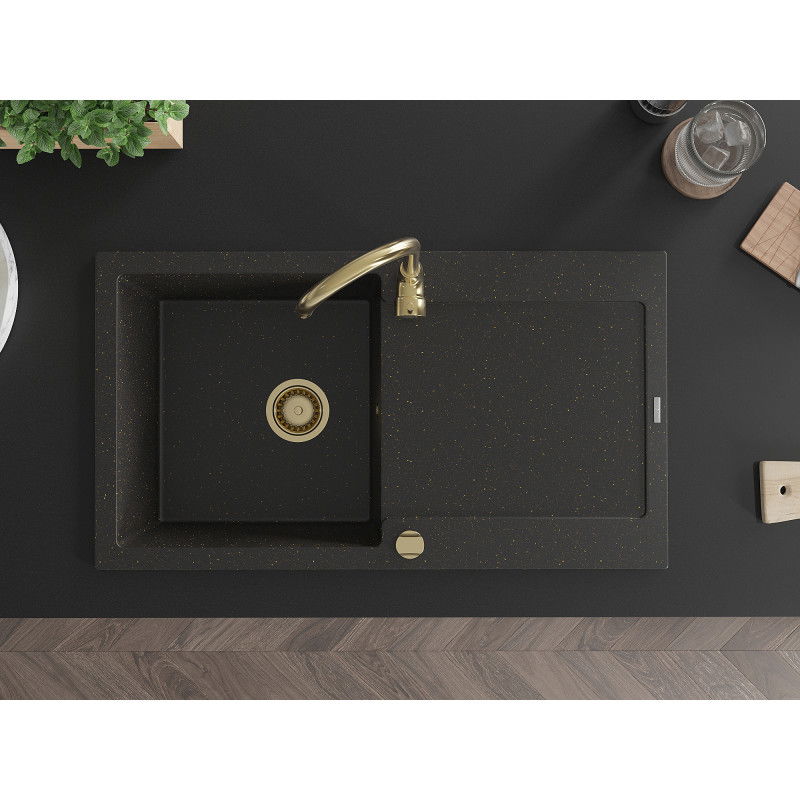 Mexen Leo grindinis akmens kriauklė su vienu dubeniu ir nusausinimo vieta, 900 x 500 mm, juoda/auksinė metalo spalva, aukso